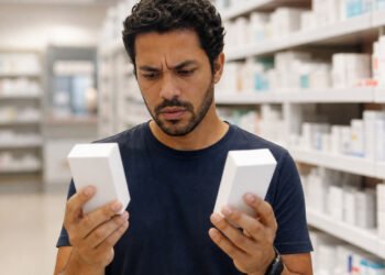Consumidor compara duas caixas de ibuprofeno na farmácia