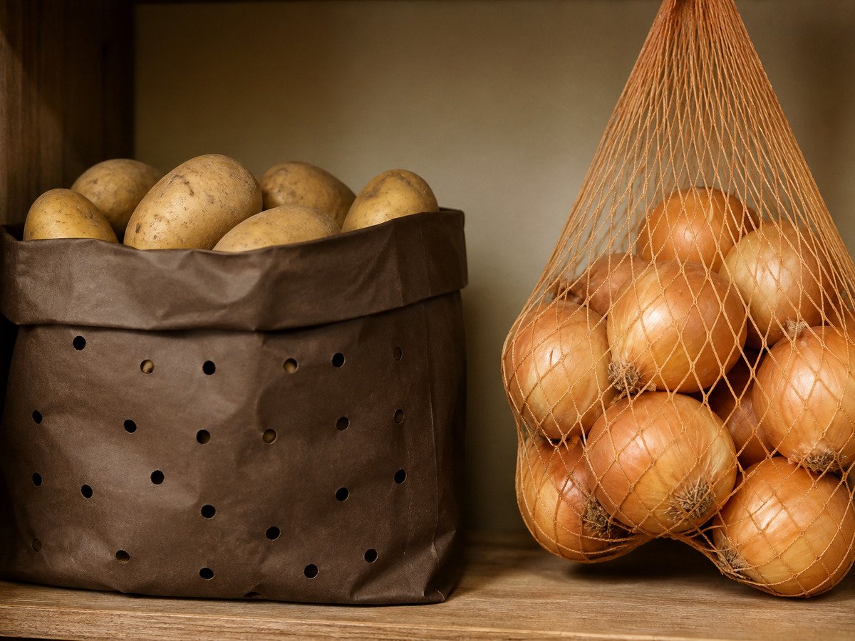Batatas e cebolas guardadas em locais separados