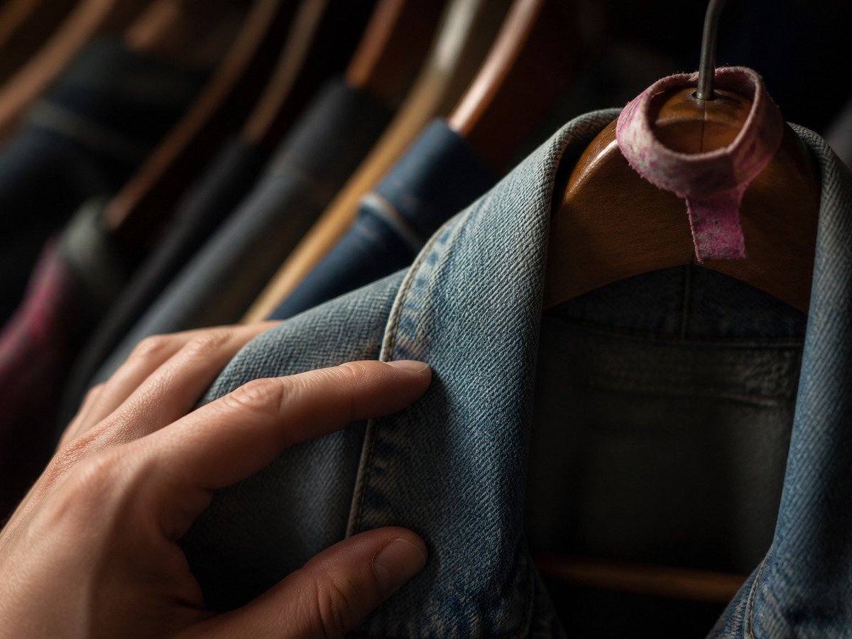 Mão toca a jaqueta jeans guardada há anos
