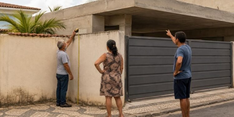 Morador aproveita a viagem do vizinho para construir às pressas uma garagem encostada na divisa e ultrapassa a altura do muro permitido em 1,5 metro; na volta, o vizinho prejudicado aciona a prefeitura por infração de posturas e exige a demolição da obra irregular