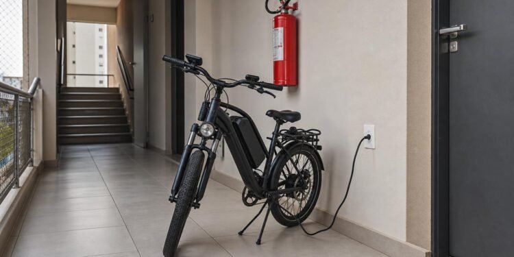 Recarga de bicicleta elétrica no hall pode gerar conflito sobre segurança condominial.