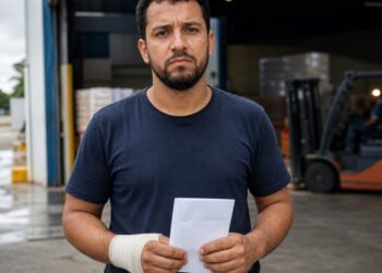 Trabalhador com a mão enfaixada segura a carta de demissão