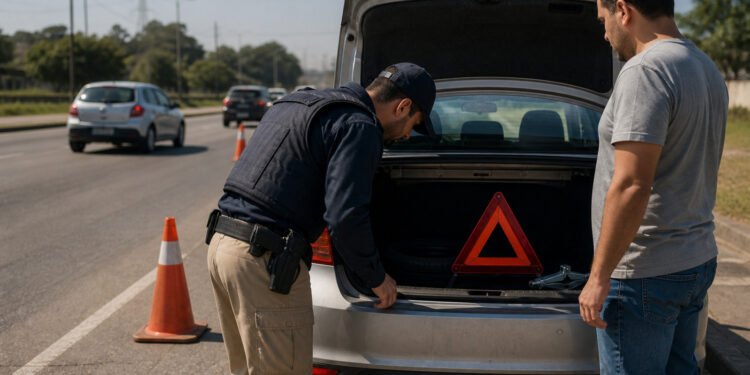 Agente confere o porta-malas na blitz