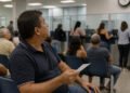 Cliente com a senha na mão olha o relógio da agência