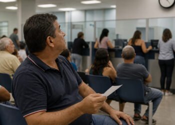 Cliente com a senha na mão olha o relógio da agência