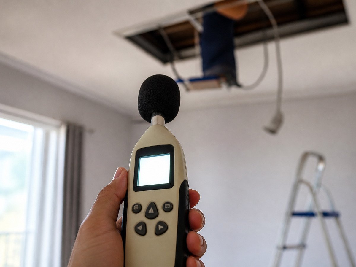 Medidor de ruído apontado para o teto do apartamento