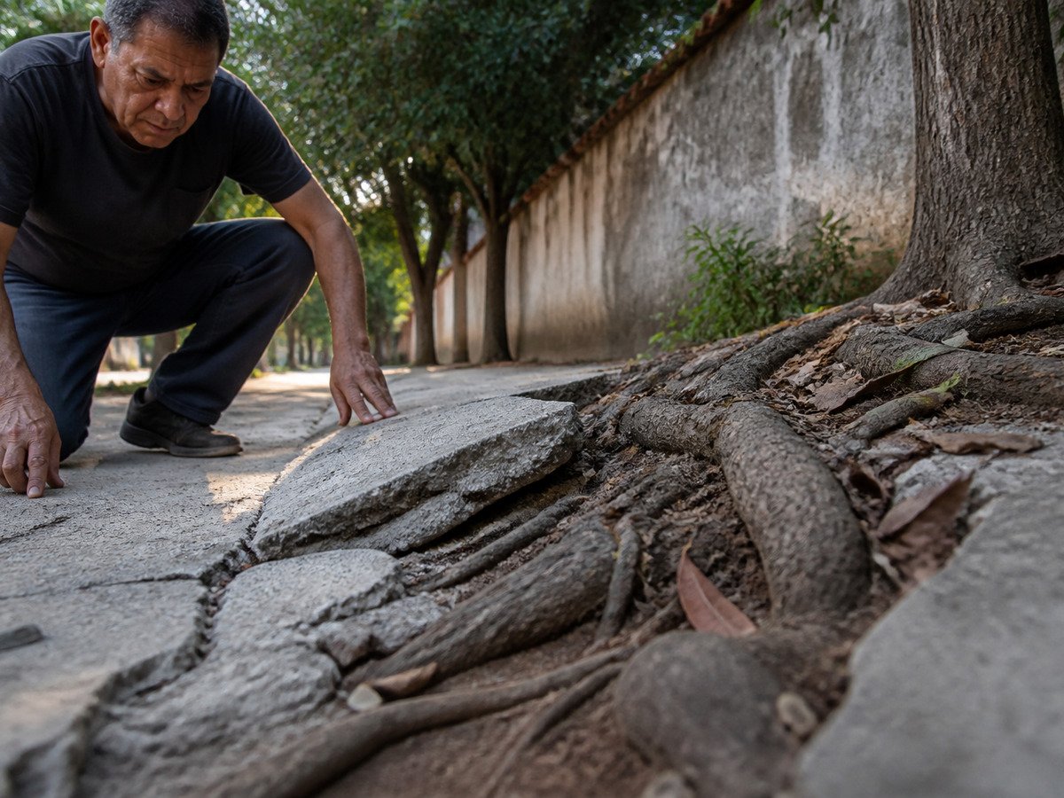Raízes da árvore racham a calçada e o muro