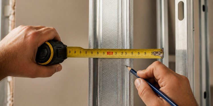 Marca vermelha da trena sobre o montante de drywall