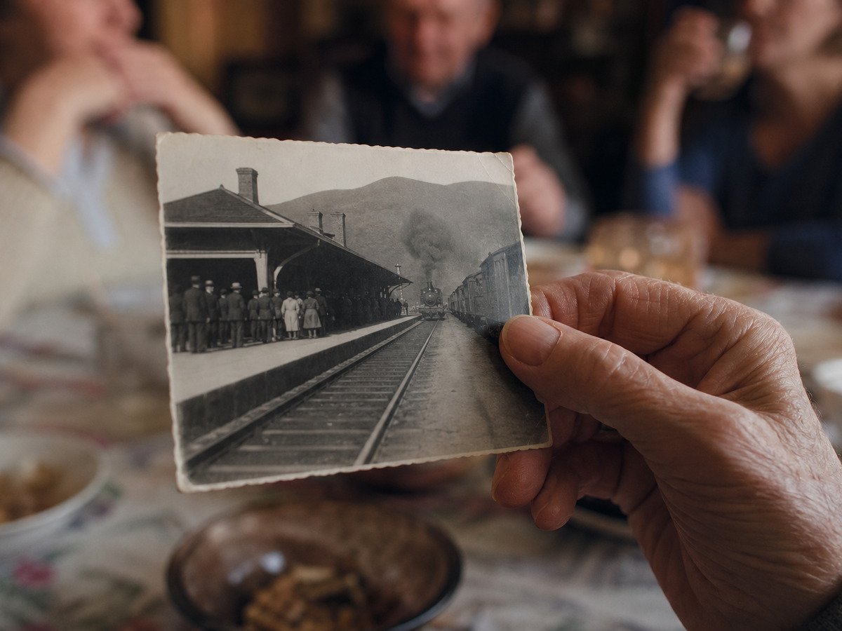 Foto antiga da viagem de trem nas mãos do avô