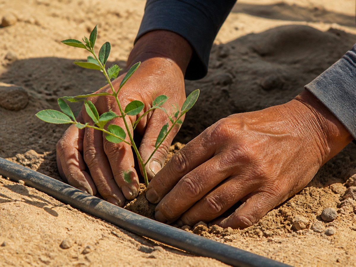 Muda de alcaçuz plantada na areia com irrigação