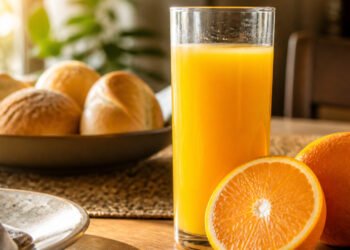 Copo de suco de laranja e a fruta inteira ao lado