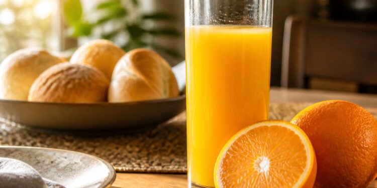 Copo de suco de laranja e a fruta inteira ao lado