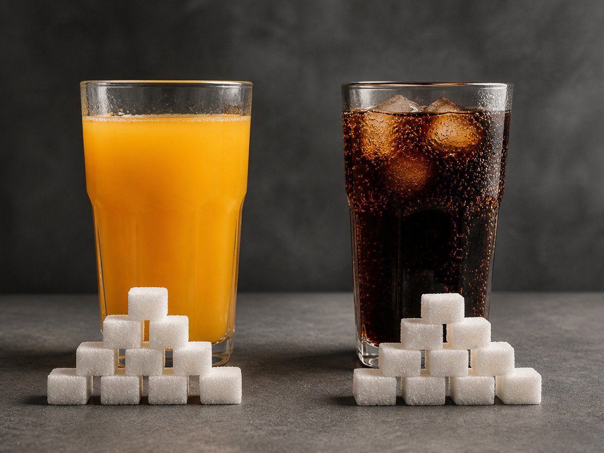 Suco de laranja e refrigerante com o açúcar equivalente à frente