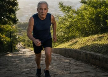 Homem de 70 anos sobe a ladeira do parque