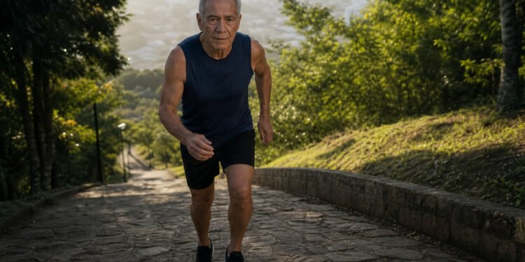 Homem de 70 anos sobe a ladeira do parque