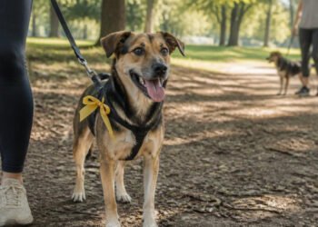 Cachorro com fita amarela na guia pede distância