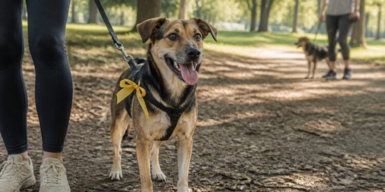 Cachorro com fita amarela na guia pede distância