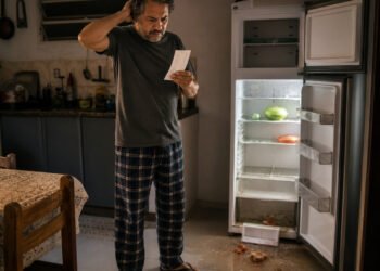 Homem diante de geladeira quebrada com nota fiscal na mão
