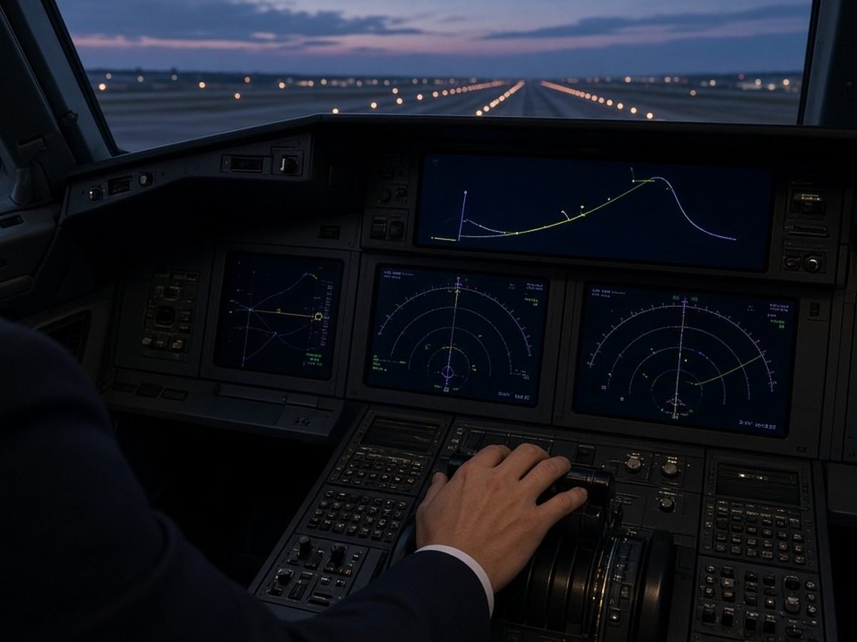 Mão de piloto nas manetes de potência na cabine de um jato comercial ao entardecer