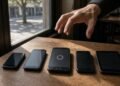 Celulares antigos enfileirados sobre a mesa de um café, um deles travado