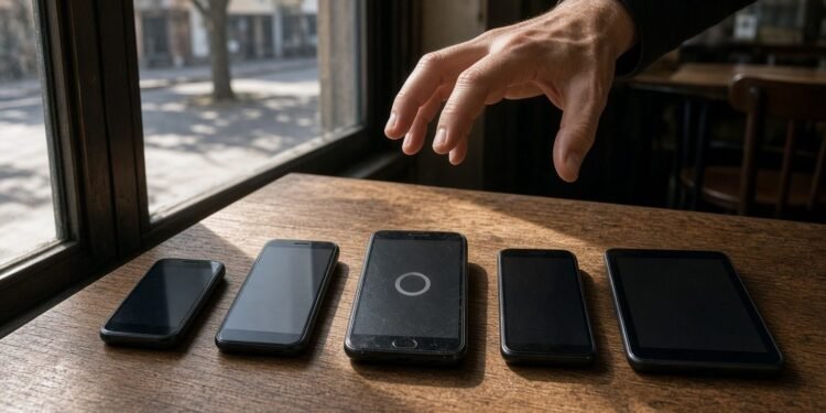 Celulares antigos enfileirados sobre a mesa de um café, um deles travado