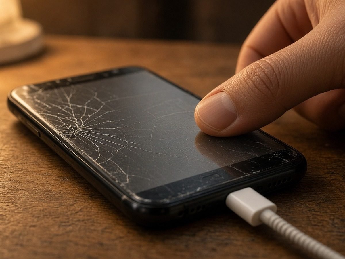 Polegar sobre a tela de um celular antigo ligado ao carregador