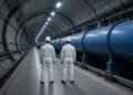 Túnel subterrâneo de um acelerador de partículas com ímãs azuis e dois técnicos de capacete