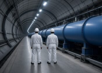 Túnel subterrâneo de um acelerador de partículas com ímãs azuis e dois técnicos de capacete