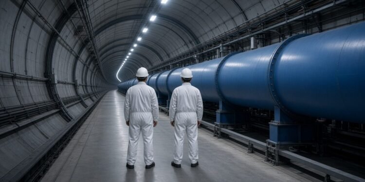 Túnel subterrâneo de um acelerador de partículas com ímãs azuis e dois técnicos de capacete