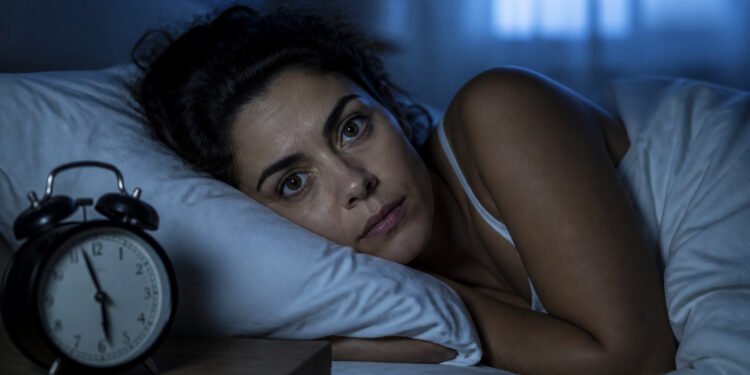 Mulher acordada na cama minutos antes do despertador tocar