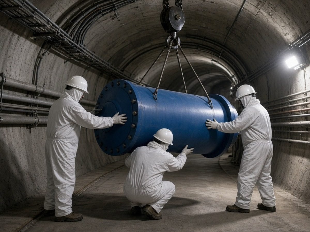 Técnicos erguem com guindaste um ímã azul dentro do túnel de um acelerador de partículas