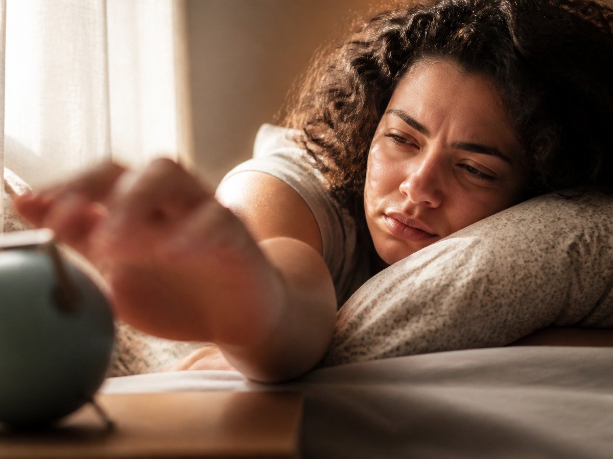 Mão desligando o despertador antes de ele tocar