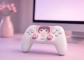Controle de videogame branco e rosa com rosto de desenho no touch pad, sobre uma mesa em tons pastel
