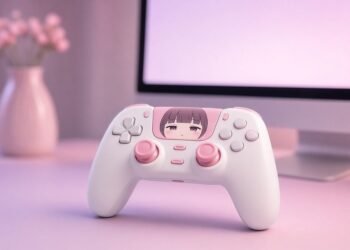 Controle de videogame branco e rosa com rosto de desenho no touch pad, sobre uma mesa em tons pastel