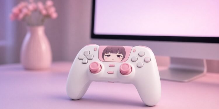Controle de videogame branco e rosa com rosto de desenho no touch pad, sobre uma mesa em tons pastel