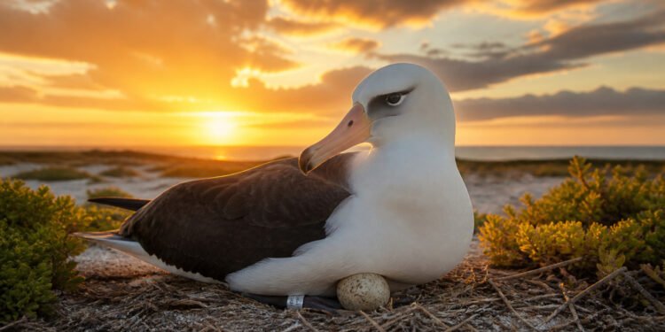 Albatroz Wisdom no ninho com a anilha na perna
