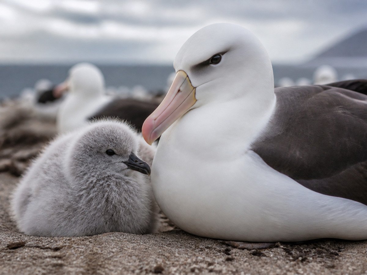 Filhote de albatroz ao lado da mãe no atol