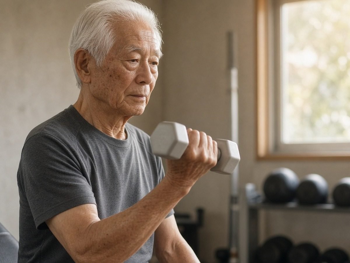 Homem idoso levanta um haltere leve numa academia de bairro pela manhã