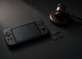 Console portátil, cartões de memória e martelo de juiz sobre uma mesa escura