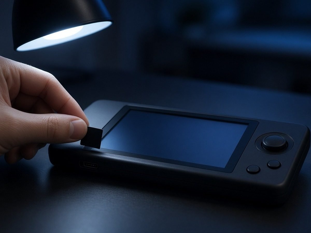 Mão insere um cartão de memória num console portátil à noite