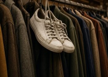 Par de tênis brancos usados pendurado numa loja de roupas de segunda mão