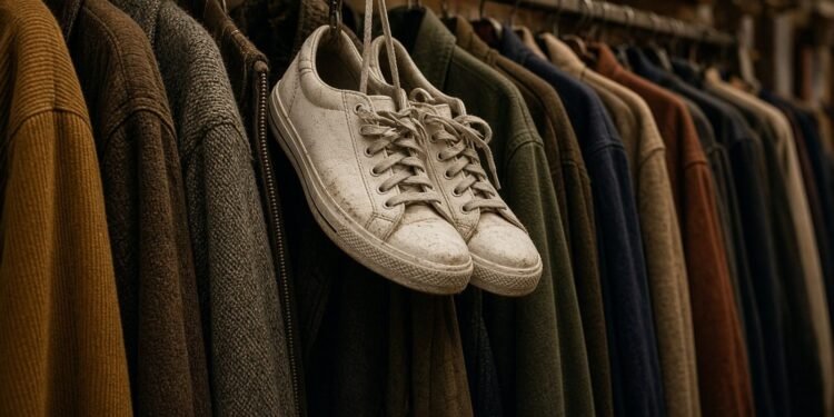Par de tênis brancos usados pendurado numa loja de roupas de segunda mão