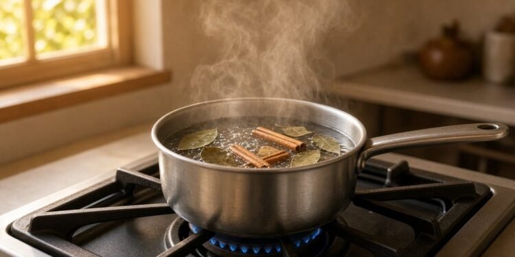 Panela com folhas de louro e paus de canela fervendo no fogão, soltando vapor