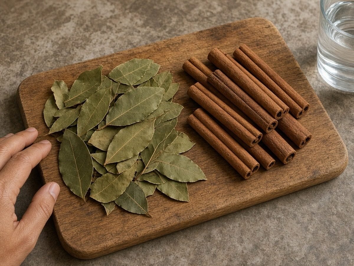 Folhas de louro secas e paus de canela sobre uma tábua de madeira