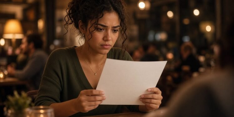 Mulher confere o cardápio no restaurante com expressão preocupada
