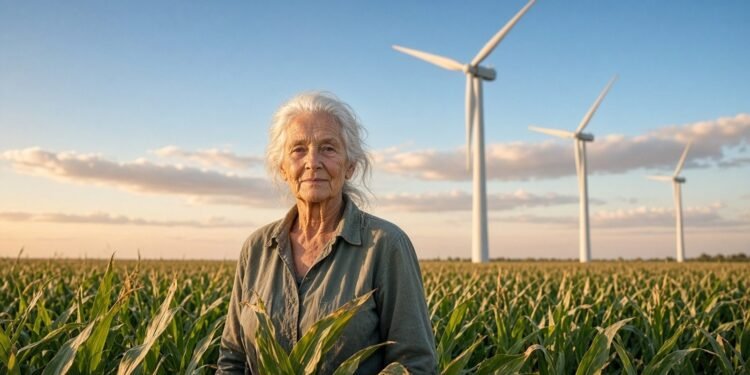 Agricultora idosa num milharal com três turbinas eólicas ao fundo
