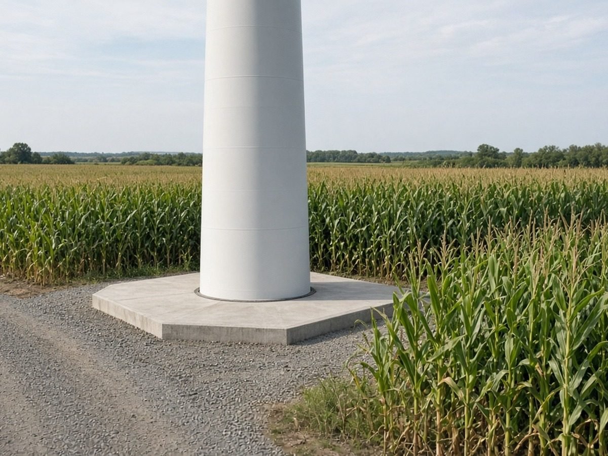 Base de uma turbina eólica cercada por plantação de milho