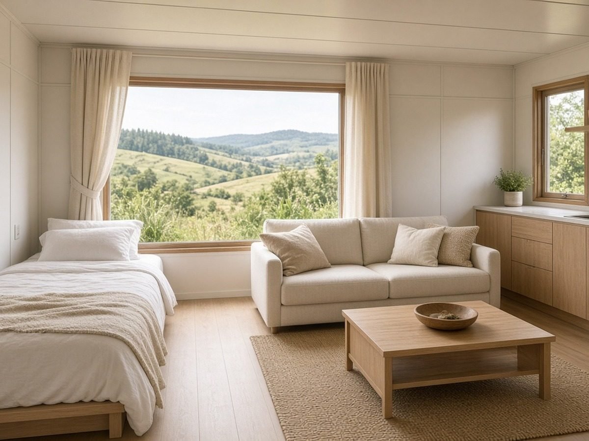 Interior de uma casa contêiner aberta com sala, cama e cozinha compacta
