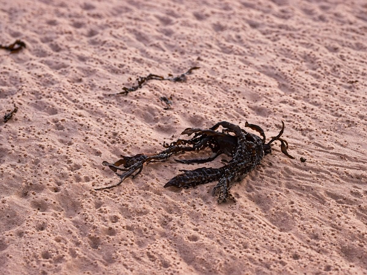 Praia ao amanhecer com algas e pequenos buracos na areia