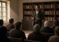 Biblioteca de aldeia na Andaluzia dos anos 1930 com moradores reunidos
